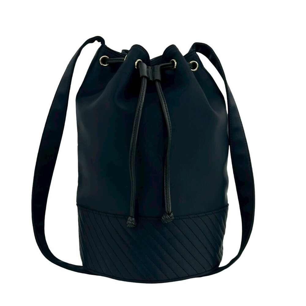 YVES SAINT LAURENT Vintage YSL Logo Nylon Leather Drawstring Shoulder Bag Nav...